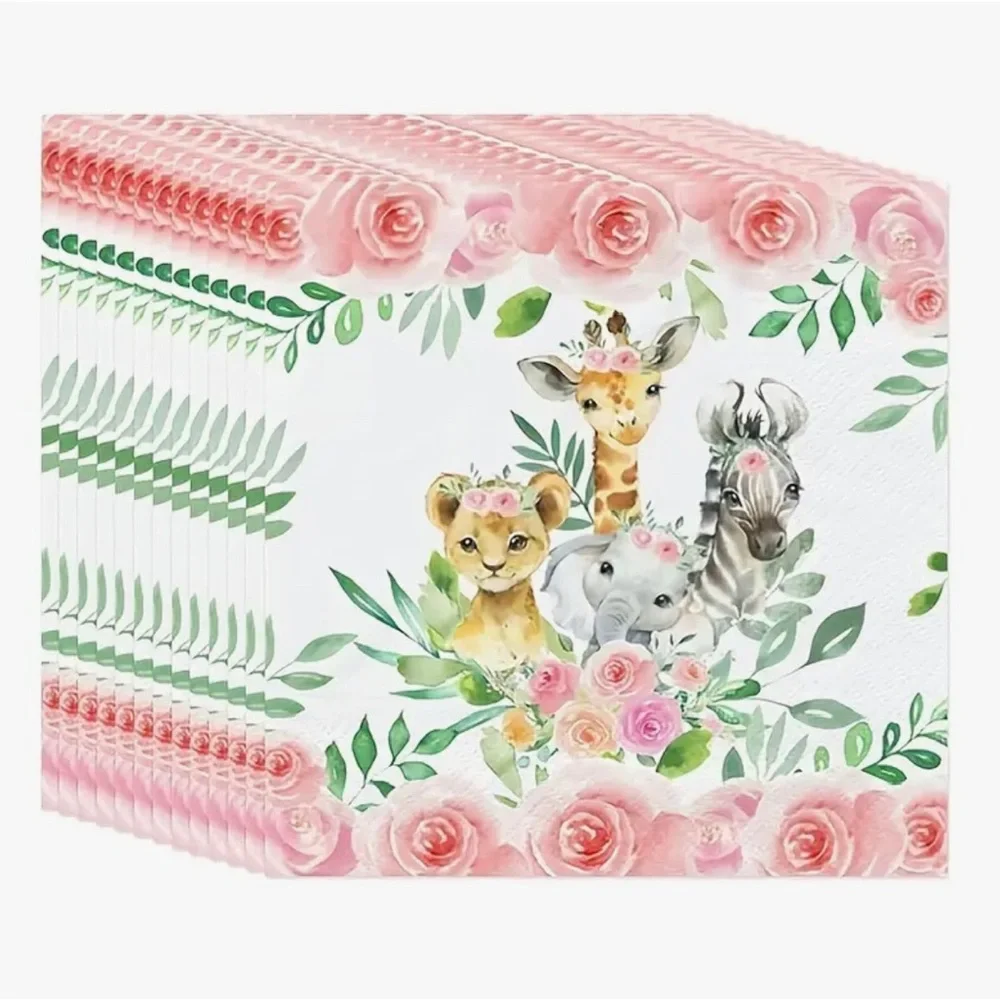 Pink Floral Safari Jungle Animals Luncheon Napkins